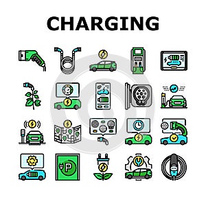 electric vehicle charging station icons set vector