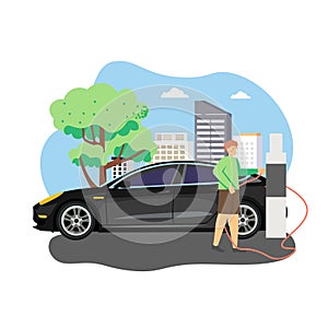 Electric vehicle charging station. Man recharging his electric car, flat vector illustration