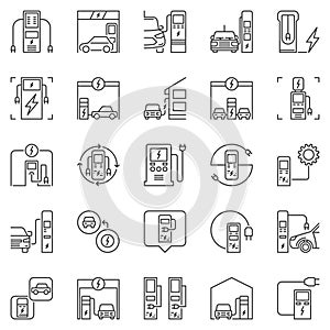 Electric Vehicle Charging Station outline vector icons set