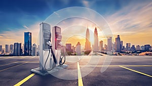 An electric vehicle charging station overlooks a cityscape at sunset, symbolizing modern, eco-friendly urban living. Generative Ai