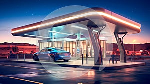 Electric vehicle charging at a station with warm illuminated canopies as evening sets in