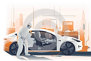 electric vehicle (EV) engineer wear full sefety equipment working on the powertrain of an electric car