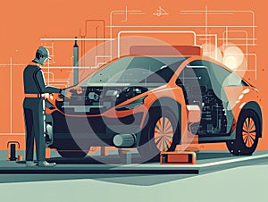 electric vehicle (EV) engineer wear full sefety equipment working on the powertrain of an electric car