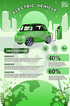 Electric vehicle for friendly polution illustration. Electric Car for Go green infographic vector