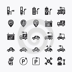 Electric vehicle logo flat black icons set. EV ECO clean energy technology icon. simple design vector