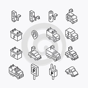Electric vehicle logo isometric flat line icons set. EV ECO clean energy technology icon. simple design vector