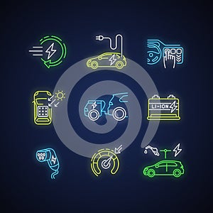 Electric vehicle neon light icons set