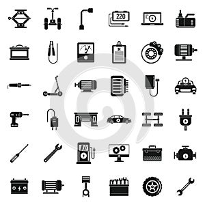 Electric vehicle repair car icons set, simple style