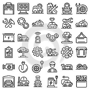 Electric vehicle repair icons set, outline style