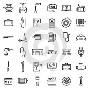 Electric vehicle repair service icons set, outline style