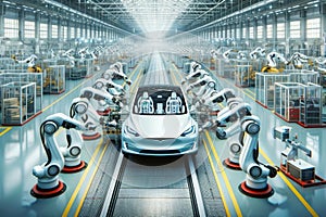 Electric Vehicle Robotic Manufacturing Factory Humanoid Workers Assembly Production AI Generated