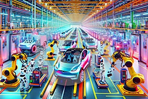 Electric Vehicle Robotic Manufacturing Factory Humanoid Workers Assembly Production AI Generated