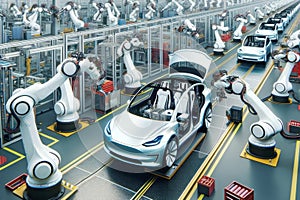 Electric Vehicle Robotic Manufacturing Factory Humanoid Workers Assembly Production AI Generated