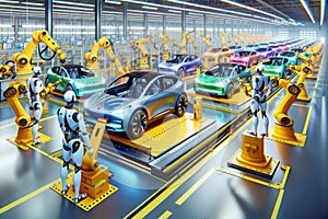 Electric Vehicle Robotic Manufacturing Factory Humanoid Workers Assembly Production AI Generated photo