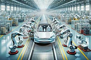 Electric Vehicle Robotic Manufacturing Factory Humanoid Workers Assembly Production AI Generated photo