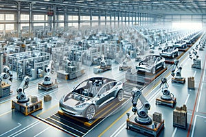 Electric Vehicle Robotic Manufacturing Factory Humanoid Workers Assembly Production AI Generated photo