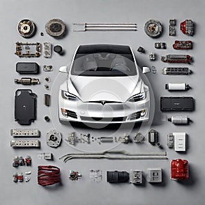 Electric Vehicle Tesla Car Components Electronics Parts Screws Nuts Bolts Engine Exploded View Perspective Chips