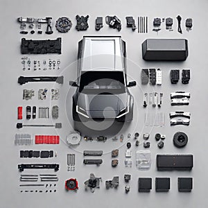 Electric Vehicle Tesla Cybertruck Car Components Electronics Parts Screws Nuts Bolts Engine Exploded View Perspective Chips