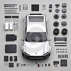 Electric Vehicle Tesla Cybertruck Car Components Electronics Parts Screws Nuts Bolts Engine Exploded View Perspective Chips