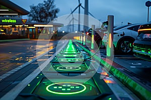 Electric Vehicles Charging at Dusk Near Wind Turbines