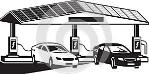 Electric vehicles at charging station with photovoltaic panels