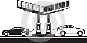 Electric vehicles at charging station with solar panels