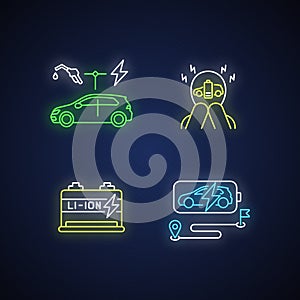 Electric vehicles travel neon light icons set