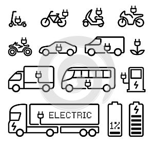 electric vehicles vector icons set bike, scooter, car, motorbikes, bus, truck, van, charge station, plug, photo