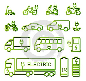 electric vehicles vector icons set bike, scooter, car, motorbikes, bus, truck, van, charge station, plug green energy photo