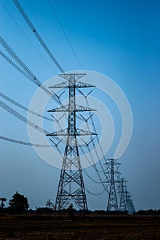 Electric voltage poles and electric cables, danger zone over dry fields in countryside landscape of Thailand