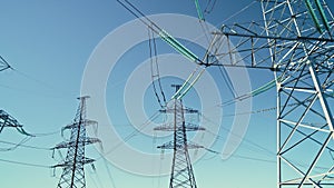 Electric voltage towers, transmission power lines, electricity pylons at sunny sky background. Renewable green energy