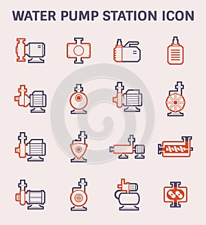 Electric water pump and steel pipe for water distribution icon design, color and outline