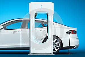 Electric white modern car near Electric car charging station. power supply plugged into an vehicle. 3d rendering.