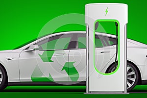 Electric white modern car near Electric car charging station. power supply plugged into an vehicle. 3d rendering.