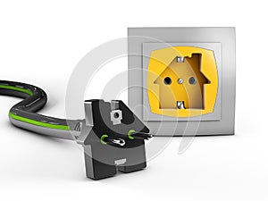 Electric white socket and black plug in the form of house. 3d Illustration