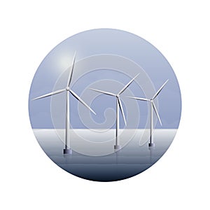 Electric wind turbines farm on sea water. Alternative energy.
