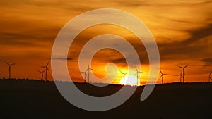 Electric wind turbines farm silhouettes on sunrise.