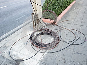 Electric wire pile aside electricity post waiting for set up