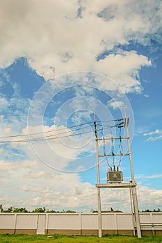 Electric wire on the pole, power,blue sky background with pastel
