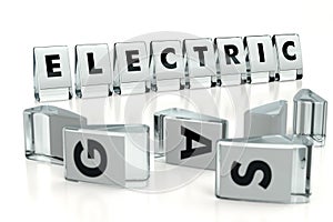 ELECTRIC word written on glossy blocks and fallen over blurry blocks with GAS letters. Electric cars technology surges while