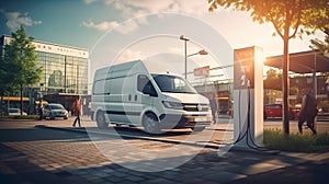 Electric work van plugged in at charging station. Generative AI