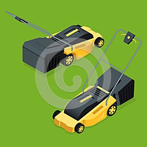 Electric yellow lawn mower in summertime. Lawn grass service concept. Isometric flat vector illustration. Garden