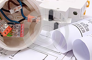 Electrical box, diagrams and electric fuse on construction drawing