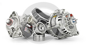 Electrical car devices. Car alternator, starter and belt isolated on white background.