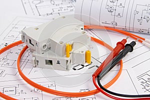 Electrical circuit breaker, wires and paper electrical engineering drawings