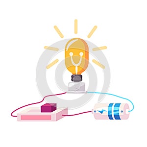 Electrical circuit design of light bulb lamp battery and switch connected with cable illustration