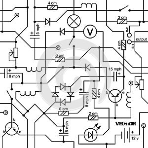 Electrical circuit of radio device resistance, transistor, diode, capacitor, inductor.