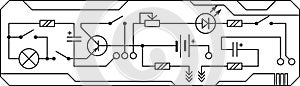 Electrical circuit of radio device resistance, transistor, diode, capacitor, inductor.