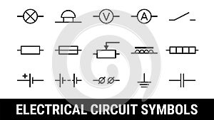 Electrical circuit symbols set. Flat icons elements. Lamp, Ammeter and voltmeter, bell, terminal, resistor and cell battery,