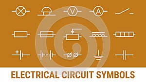 Electrical circuit symbols set. White Flat icons elements on orange background. Lamp, Ammeter and voltmeter, bell, terminal,